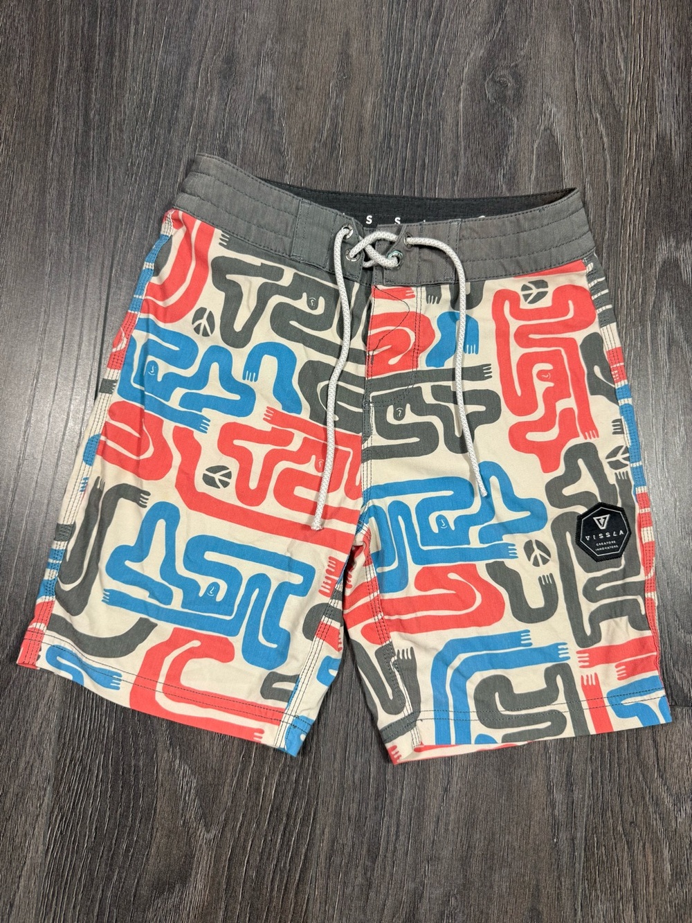 VISSLA Men’s Red Blue Gray Abstract Graphic Board Shorts size 24